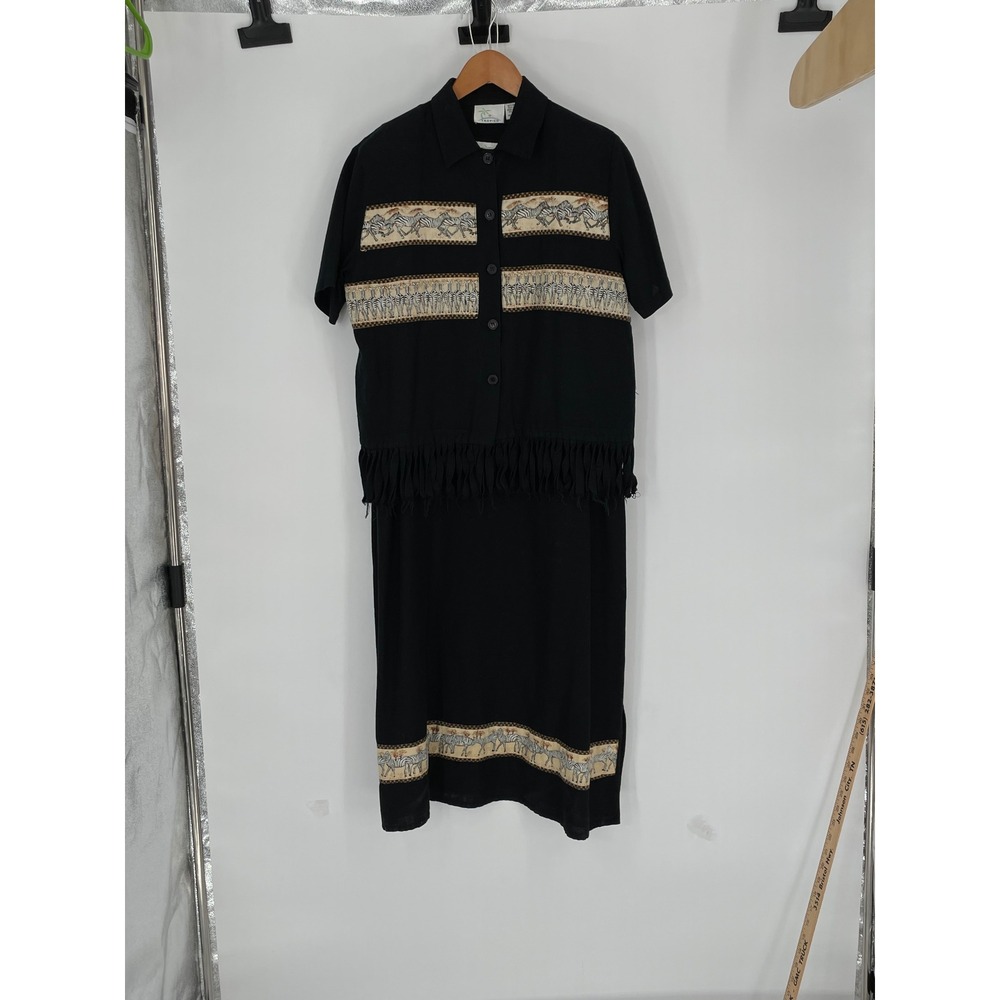 Tropico Womens Dress L 2 Piece Set Black Zebra Print Fringe Linen Blend Festival